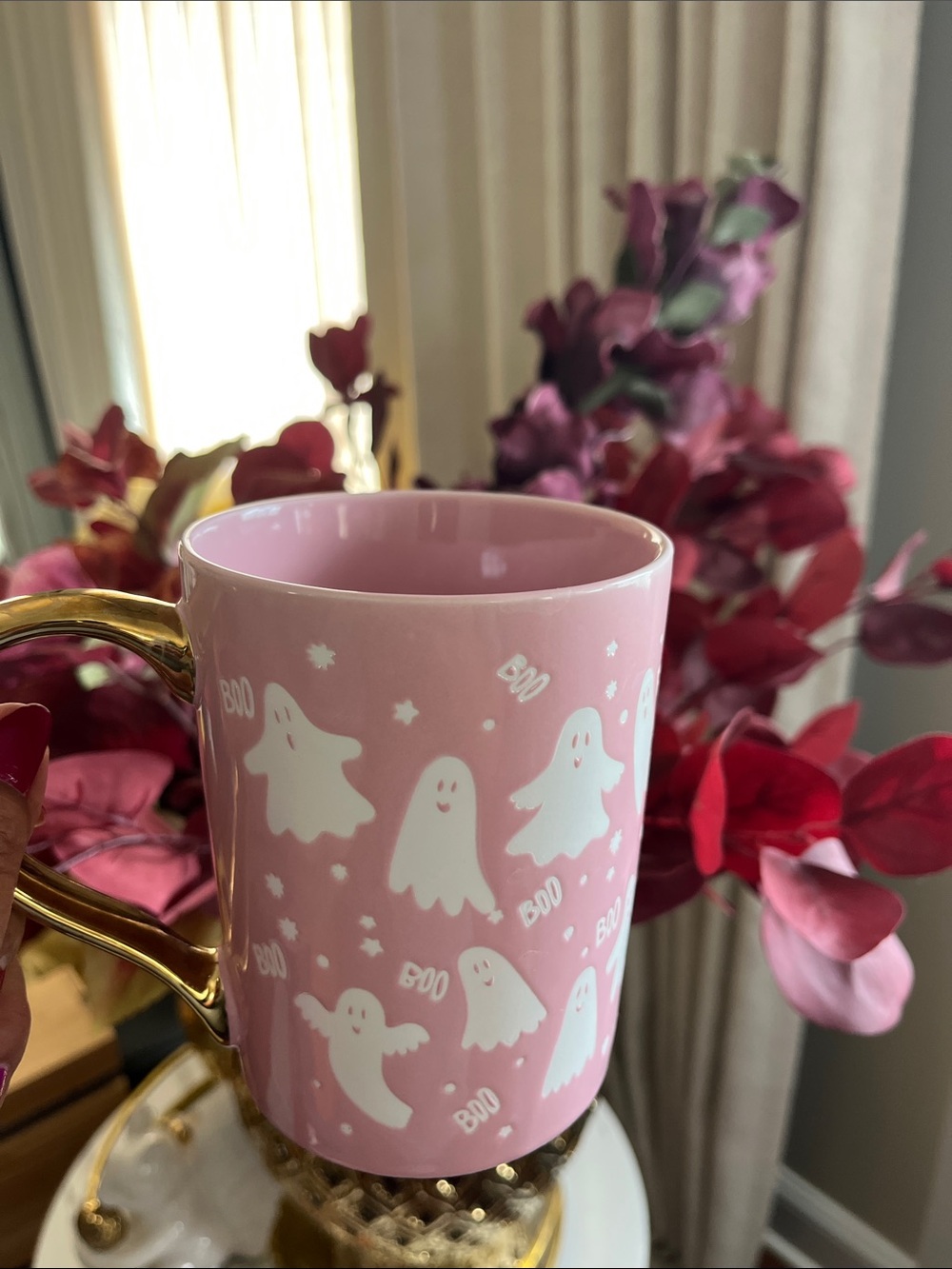 Pink Ghost Pattern Ceramic Mug with Gold Handle